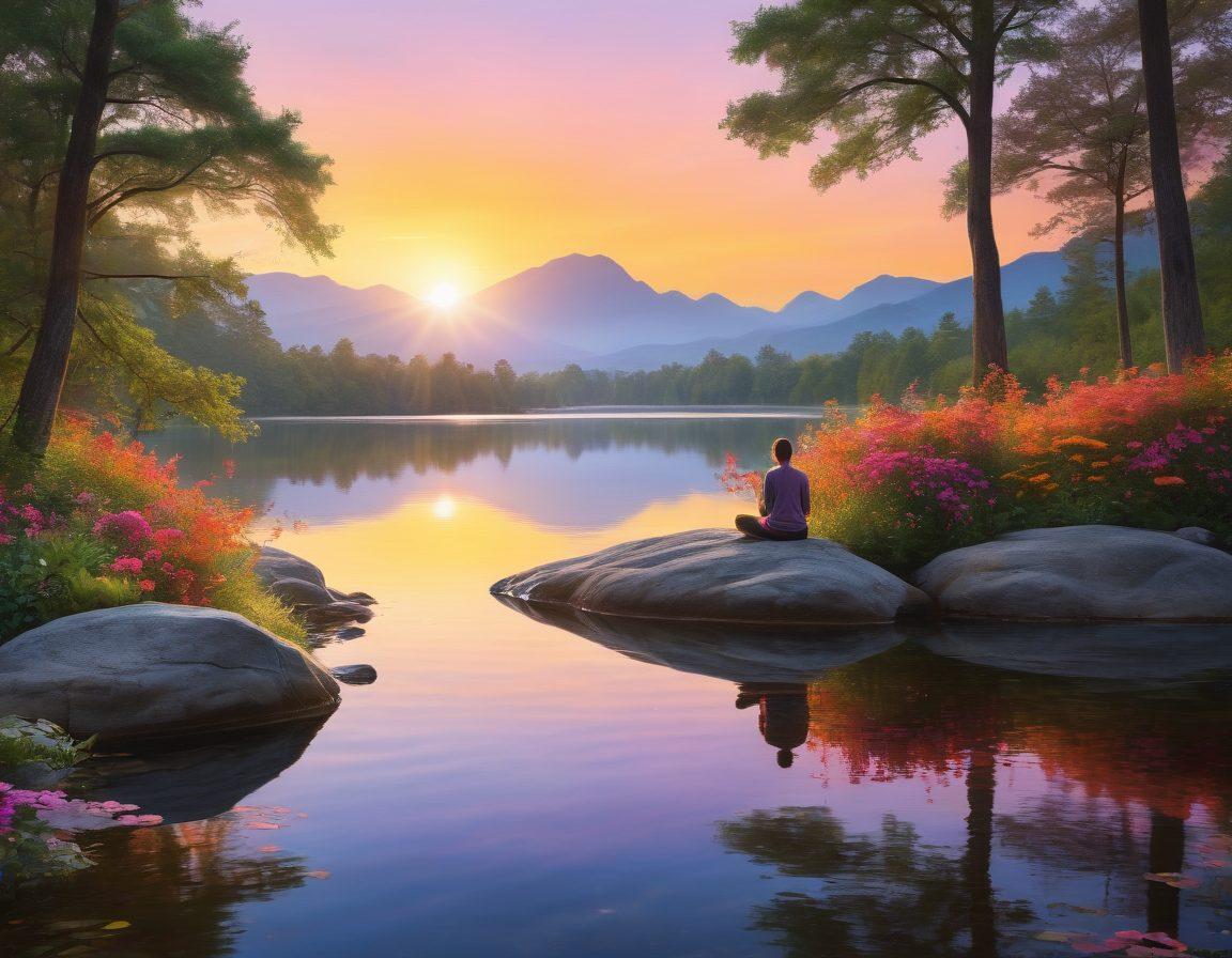 A serene landscape showcasing a radiant sunrise over a tranquil lake, reflecting vibrant hues of orange, pink, and gold. In the foreground, a person meditating on a smooth rock, surrounded by lush greenery and blooming flowers, symbolizing growth and positivity. Soft rays of light shine down, creating a warm and inviting atmosphere. The overall mood is uplifting, inspiring themes of blissful living and thriving energy. super-realistic. vibrant colors. tranquil background.
