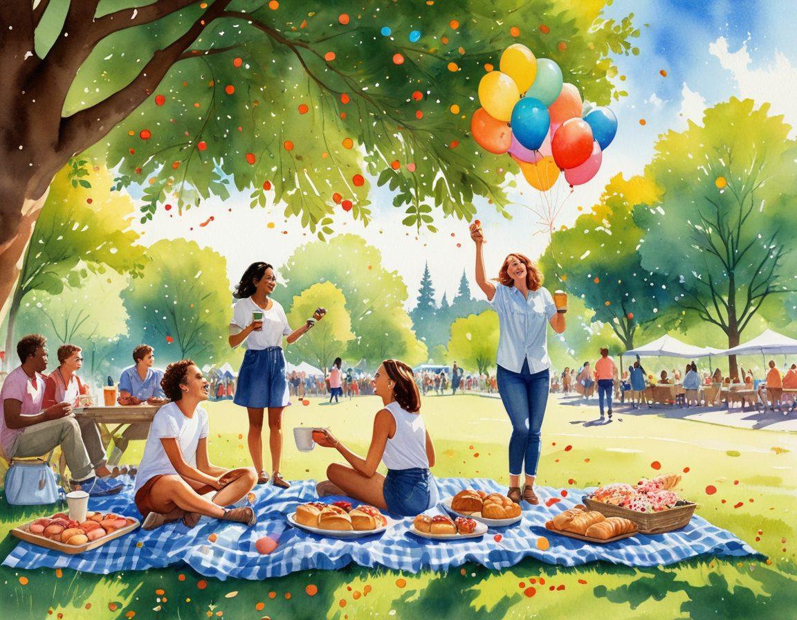 A joyful scene depicting diverse people celebrating small everyday moments, surrounded by bright balloons, confetti, and sunshine. Capture genuine smiles and laughter, with elements like freshly baked pastries, coffee cups, and blooming flowers enhancing the atmosphere. Include a park setting with trees and a blue sky to evoke a sense of happiness and outdoor cheer. watercolor style. vibrant colors. warm tones.